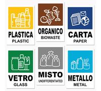 Lot De 6 Autocollants De Collection Différenciée Grands Xl Format 21 Cm X 15 Cm Étiquettes Pour Conteneurs Déchets, En Italien Et En Anglais, Adhésif Pour Recyclage Lavable, Résistant