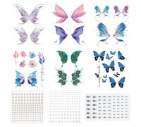 Lot de 6 autocollants de tatouage ailes de papillon, avec 2 autocollants de diamants ronds, 1 autocollant de diamant goutte d'eau, autocollant de visage de pierres précieuses avec paillettes