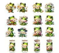 Lot de 6 autocollants de transfert UV DTF en forme de grenouille et de chrysanthème pour gobelets en verre, meubles, loisirs créatifs, pour bricolage, bouteille d'eau, ordinateur portable, voiture,