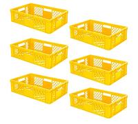 Lot de 6 bacs euros empilables perforés - En polyéthylène HD - Qualité industrielle - Convient pour un usage alimentaire - L x l x H : 600 x 150 mm - Jaune