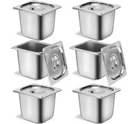 Lot de 6 Bacs Gastro Inox GN 1/6 avec Couvercles, 2,5 L, Profondeur 150 mm | Bacs en inox 201 avec couvercles à poignée encastrée, pour préparer, stocker et servir en restaurant, buffet ou cantine.
