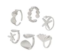 Lot de 6 bagues réglables en coquillages et étoiles de mer - Bijoux de vacances marines - Bagues empilables tendance pour un usage quotidien, des vacances à la plage, taille unique, Comme décrit