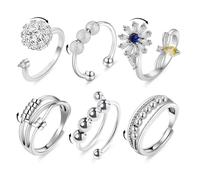 Lot de 6 bagues rotatives réglables en cuivre avec perles en oxyde de zirconium empilables, soulagement du stress pour la méditation et le stress pour un usage quotidien, pour couple, promesse de