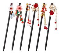 Lot de 6 baguettes à cheveux chinoises en bois - Style japonais vintage - Fabriquées à la main - Accessoires de cheveux classiques pour femmes et filles (motif élégant)