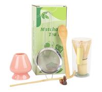 Lot de 6 balais à matcha avec cuillère, passoire, cuillère à matcha et support en céramique - Kit complet pour la préparation de thé matcha (rose)