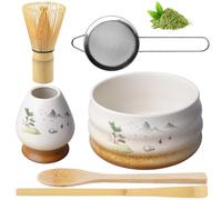 Lot de 6 balais à matcha comprenant un fouet à matcha, un bol, une cuillère, une passoire et un porte-fouet, en céramique - Set à thé japonais - Kit de matcha manuel pour les amateurs de thé
