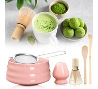 Lot de 6 balais à matcha, fouet à matcha, bol, cuillère, passoire et porte-fouet, ensemble à thé matcha en céramique, set à thé japonais, convient aux amateurs de thé, rose
