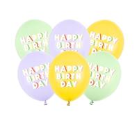 Lot de 6 ballons Ø 30 cm « Happy Birthday » Jaune pastel/violet/vert