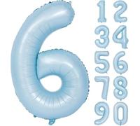 Lot de 6 ballons bleus mats en aluminium - Numéro 6 - Bleu clair - 101 cm - Pour anniversaire, fête, décoration de fête prénatale, mariage, anniversaire de mariage (numéro 6)