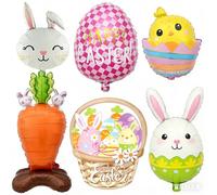 Lot de 6 ballons de Pâques en aluminium - Décorations de fête avec lapin, poussin, œuf, carotte et panier