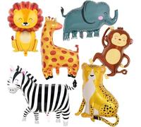 Lot de 6 ballons géants en aluminium en forme d'animaux de safari de la jungle, zoo, zèbre, éléphant, singe, lion, girafe, léopard, pour décoration de fête d'anniversaire sur le thème de la faune