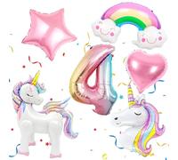 Lot de 6 ballons licorne pour décoration d'anniversaire pour 4 ans, ballons en aluminium en forme de chiffre 4, avec tête de licorne, licorne debout, arc-en-ciel, cœur et étoile pour décoration