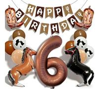 Lot de 6 ballons marron en forme de cheval de cowboy avec bannière « Happy Birthday » en latex imprimé vache pour décorations de fête d'anniversaire de cowboy occidental