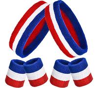 Lot de 6 Bandeaux absorbants en Tissu éponge rayés Arc-en-Ciel Comprenant 2 Bandeaux de tête et 4 Bracelets pour Homme, Femme, pour la Gym, Le Sport, Les défilés LGBT (Rouge, Blanc et Bleu)