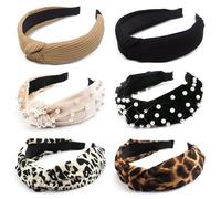 Lot de 6 bandeaux élastiques noués pour femmes - Motif léopard - Perles - Large bandeau torsadé - Accessoires pour filles et adultes - Joli nœud - Taille unique