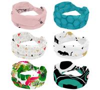 Lot de 6 bandeaux hexagonaux pour femme - Texture géométrique - Bleu - Élastique - Large turban - Doux - Antidérapant - Pour yoga, entraînement, sport, course à pied