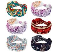 Lot de 6 bandeaux Mandala Boho indien rétro à fleurs pour femme, bandeau large tendance, bandeau élastique croisé, bandeau turban pour la sueur, le sport, l'entraînement