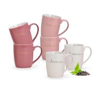 Lot de 6 belles tasses avec cœur doré et inscription « Home » en blanc, rose et rose - Tasse à café moderne en porcelaine pour cappuccino, café, thé 300 ml - Tasses à thé romantiques de 300 ml comme
