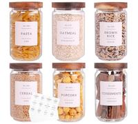 Lot de 6 bocaux de rangement en verre avec couvercle hermétique en acacia - 652 g - Boîtes de cuisine en verre épais avec 132 étiquettes de garde-manger - Boîtes de rangement en verre transparent avec