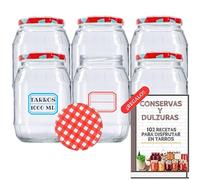 Lot de 6 bocaux en verre de 1 000 ml avec couvercles + ebook avec 102 recettes pour conserves - Bocaux de 1 litre avec couvercle à vis, fermeture hermétique pour aliments faits maison, étiquettes