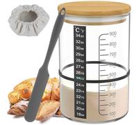 Lot de 6 bocaux en verre pour levain avec thermomètre gradué, papier de 900 ml, résistant à la température, récipient de démarrage avec couvercle en bois, couvercle en tissu, pot à levain réutilisable
