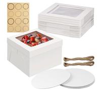 Lot de 6 boîtes à gâteau blanches avec fenêtre, plateau à gâteau, corde de chanvre décorative et feuille d'autocollants, boîte de transport pour gâteaux, pâtisseries (30,5 x 30,5 x 20,3 cm)