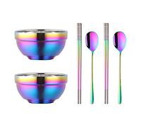 Lot de 6 bols à céréales 500 ml, en acier inoxydable, 2 bols à soupe double couche, 2 cuillères et 2 paires de baguettes, passe au lave-vaisselle - Multicolore