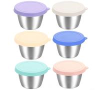 Lot de 6 bols à goûter empilables en acier inoxydable avec couvercles étanches en silicone pour sauces, vinaigrettes et condiments, pour déjeuner au bureau et pique-nique (70 ml)