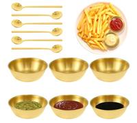 Lot de 6 bols à tremper avec cuillère de 8 cm de diamètre en acier inoxydable antirouille - Pour condiments et sauces - Doré - Petite soucoupe pour la maison et la cuisine