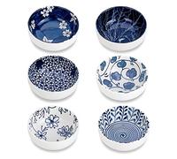Lot de 6 bols plongeurs en céramique de style japonais, petits bols à presser de 3 '' pour sauce latérale, plats pour sushis, collation et soja, barbecue, mini bol bleu et blanc de 2,5 oz pour