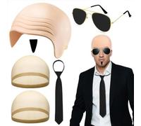 Lot de 6 Bonnets Chauves pour Adultes - Bonnet de Perruque Chauve Krawatte, Cravate, Moustache, 2 Filets à Cheveux, Lunettes de Soleil pour Perruque, Maquillage, Halloween