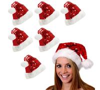 Lot de 6 bonnets de Père Noël à paillettes rouges - Bonnet de Père Noël à paillettes rouges avec une base moelleuse et une pointe à pompon - Parfait pour les événements de Noël en famille et les