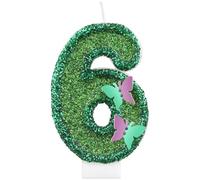 Lot de 6 bougies d'anniversaire à paillettes en forme de papillon vert en forme de chiffre 6 pour décoration de gâteau, décorations de 6e anniversaire de filles, bougies féériques sur le thème des