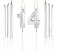 Lot De 6 Bougies D'anniversaire Argentées En Forme De Chiffre 14 Pour Gâteau Avec 6 Bougies Longues Et Fines,Décoration De Gâteau Pour Fille Et Garçon,14e Anniversaire De Mariage