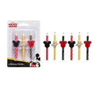 Lot de 6 bougies d'anniversaire Mickey Mouse de Disney pour décoration de gâteaux, bougies à rayures rouges, jaunes et noires pour fête Mickey Mouse