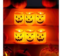 Lot de 6 Bougies LED Halloween - Bougies Citrouille sans Flamme avec 3 Visages Différents, Fonctionnement à Piles, Décoration de Table pour Maison et Fête