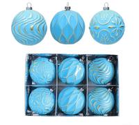 Lot de 6 boules de Noël décoratives en plastique avec motif floral en relief - Trois textures - Couleurs assorties pour arbre, maison, fenêtre ou (P02 bleu frais)