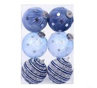 Lot de 6 boules de Noël en mousse enveloppées dans du tissu, avec boucles de suspension pour décoration d'arbre et de lieu de vacances, design élégant (bleu)