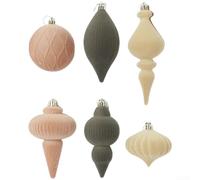 Lot de 6 boules de Noël en plastique floqué et formes assorties, pour décoration d'arbre (E)