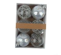 Lot de 6 boules de Noël en plastique PET de 8 cm - Argenté/blanc | Matériau PET incassable, sans danger pour les enfants et les animaux domestiques, idéal pour les zones très fréquentées