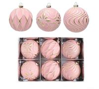 Lot de 6 boules de Noël en relief avec contour doré - Motifs floraux luxueux - Design européen - Trois textures - Matériau plastique - Différentes couleurs - 8 cm - Vacances (P02 rose pêche)