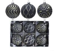 Lot de 6 boules de Noël florales en relief avec bordure dorée métallique - Décorations de vacances européennes en plastique - Trois styles de textures multiples (P02 noir froid)