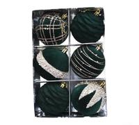 Lot de 6 boules de Noël peintes à flocage pour décoration d'arbre à suspendre avec texture en velours doux et strass pour décoration d'intérieur de vacances (vert foncé)