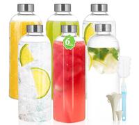 Lot de 6 Bouteille Verre 1L - Bouteille en Verre 1 Litre avec Couvercles Hermétiques et Brosse de Nettoyage -Gourde Verre Étanche pour Jus,Boissons,Smoothie,Café,Étanche,Transparent