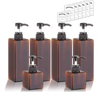 Lot de 6 Bouteilles de shampooing et après-shampooing, 4 Bouteilles de 425,2 g et 2 Bouteilles de 226,8 g, Rechargeables carrées, en Plastique, pour shampooing, après-shampoing et Gel Douche (Ambre)