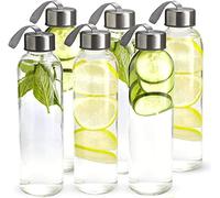 Lot de 6 bouteilles d'eau en verre de 500 ml avec couvercles, réutilisables, haute teneur en borosilicate avec bouchons anti-fuite en plastique argenté pour boissons, lait, jus