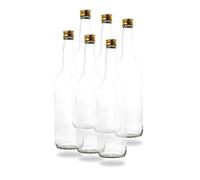 Lot de 6 bouteilles en verre 700 ml avec bouchon à vis PP28 doré - Utilisable comme bouteilles d'eau-de-vie, liqueur, vin, vinaigre et huile, Verre, or, 6