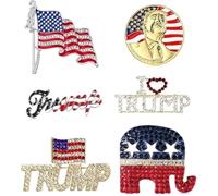 Lot de 6 broches en émail avec strass et cristal - Motif éléphant Trump - Drapeau américain - S, alliage d'acier et zircone cubique, Small, Acier allié, cz