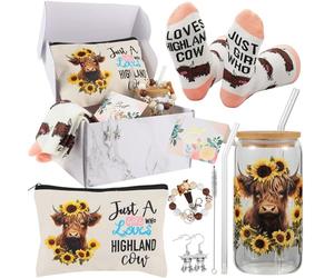 Lot de 6 cadeaux pour femme - Tasses en verre de 473,6 g avec inscription « Just a Girl Who Loves... » - Trousse de maquillage, chaussettes, bracelet, porte-clés, boucles d'oreilles et coffret cadeau