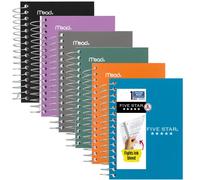Five Star Lot de 6 cahiers à spirale, papier ligné Fat Lil' de poche, 8,9 x 14,9 cm, petit, 200 feuilles, violet, orange, vert, bleu, gris, noir (38027)